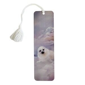 Vintage 80s white Baby Harp Seal Bookmark- Lena Liu- 1980s Quality Artworks LL46